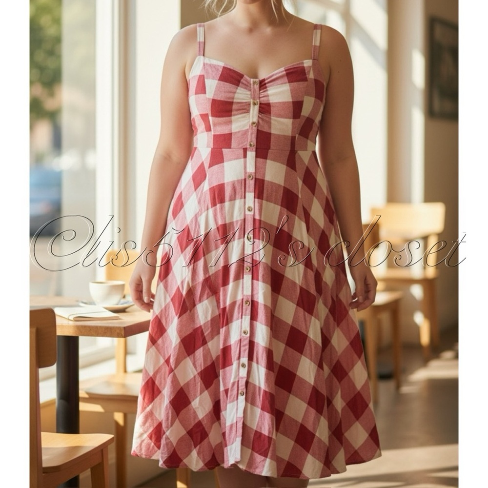 Torrid Red & White Gingham Retro Woven Button-Front Midi Swing Dress 2X 18 20 - Picture 5 of 15